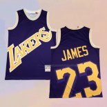 Camiseta Los Angeles Lakers Lebron James NO 23 Mitchell & Ness Big Face Violeta